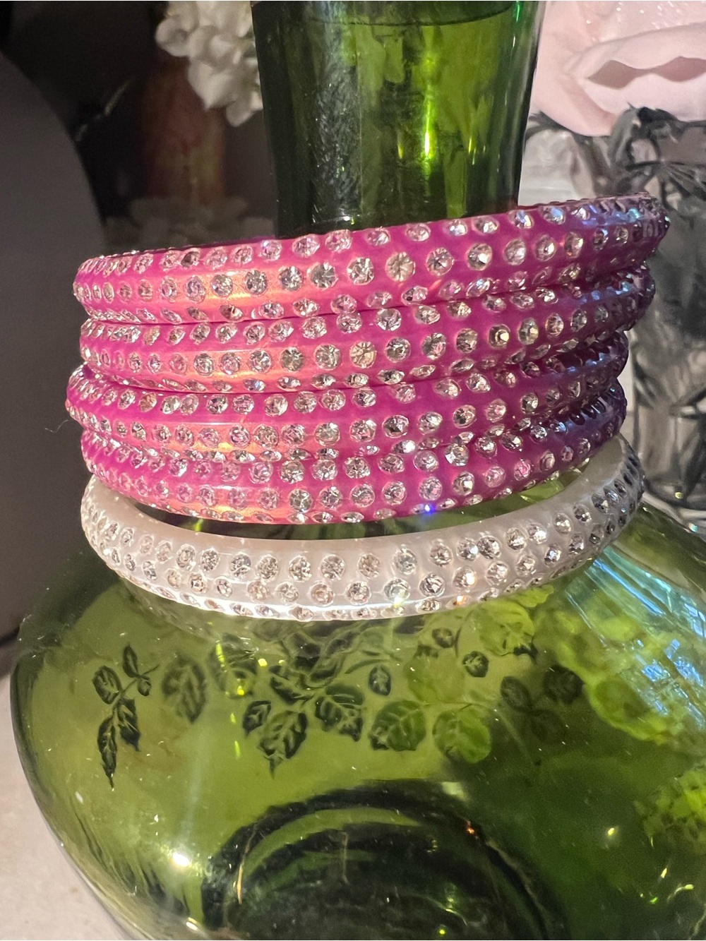 Crystal-Embellished Pink and White Bangle Set of 5